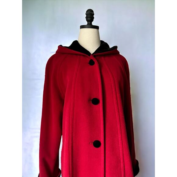Vintage 90s Halston Hooded Wool Coat | Cherry Red Velvet Trim | Size 8 - Picture 12 of 14